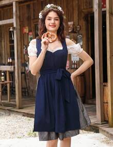 MODISFRAU Dirndl Damen Midi Trachtenkleid Jacquar Trachtenmode Dirndlkleid inkl. Dirndlbluse Dirndlschürze 3 teilig für Oktoberfest Besondere Anlässe - marineblau - Übersicht 2