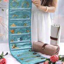 Organizador de joyería de franela con múltiples bolsillos, bolsa de almacenamiento de joyas enrollada compacta de PVC de unicolor, bolsa de almacenamiento antideslizante para anillos y collares - Multicolor - Ver 4