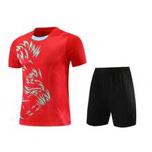 2pcs Set Jersey Sepak Bola Personalisasi - Kaos Lengan Pendek + Celana Pendek dengan Nama, Nomor & Logo Tim yang Dicetak Sesuai Pesanan, Hadiah, Cocok untuk Olahraga/Mendaki Gunung Musim Semi/Panas - Merah - View 3