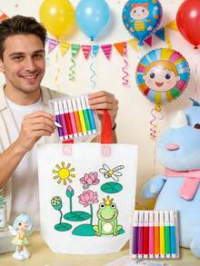 1 Set Random DIY Coloring Non-Woven Fabric Graffiti Bag, Includes 8 Watercolor Pens, Hand-Painted Double-Sided Waterproof Bag, Durable Packaging Bag, Suitable For Birthday Party Themes, Holiday Events, Games, Gifts, Gift Wrapping - View 7