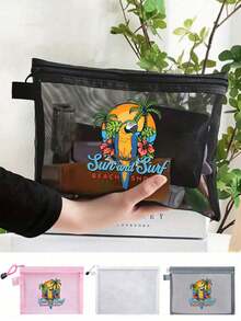 热带鹦鹉椰树印花网眼化妆包；旅行洗漱收纳包/学生文具笔袋/便携式口红粉饼盒/耳机线收纳包/零钱包/防水沙滩包；大容量透明拉链手拿包 - 彩色 - 查看 3