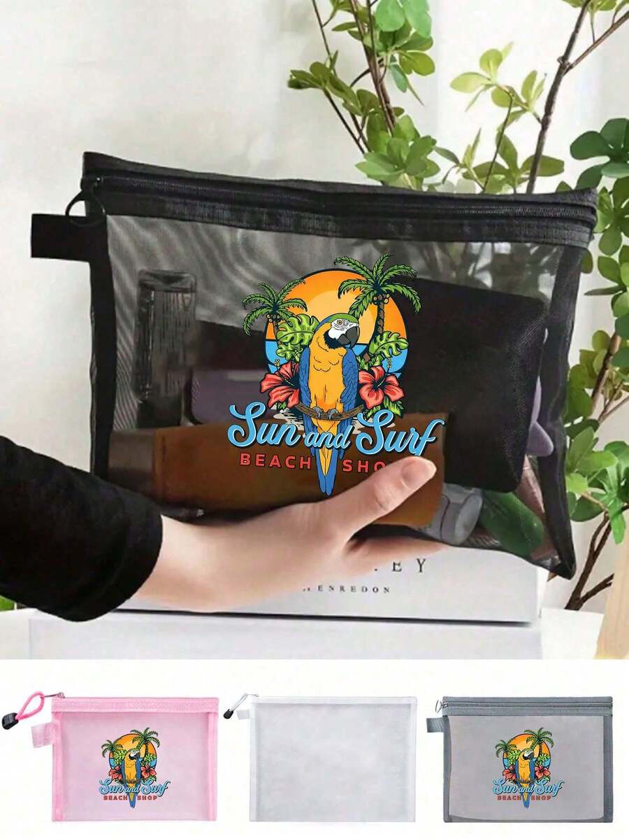 热带鹦鹉椰树印花网眼化妆包；旅行洗漱收纳包/学生文具笔袋/便携式口红粉饼盒/耳机线收纳包/零钱包/防水沙滩包；大容量透明拉链手拿包 - 彩色 - 查看 1