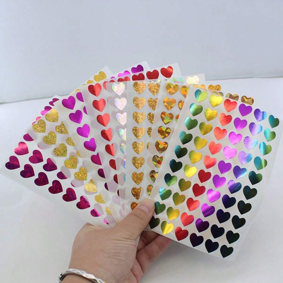 60 Stücke lasergeschnittene Herz Aufkleber Rolle - perfekt für Geschenkverpackung, Belohnungen, Büromaterial, 13mm holografische Herz Aufkleber für Kinder, Studenten, Valentinstag - A - Übersicht 1
