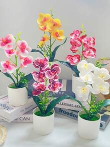 1个陶瓷花瓶，配人造白色蝴蝶兰，仿真盆栽兰花，家居办公室装饰绿植道具，客厅塑料花盆 - 白色 - 查看 5