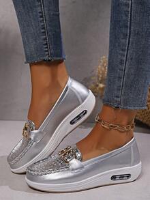 女士厚底运动鞋，春夏时尚，皮革鞋面摇滚乐福鞋，质感十足，休闲坡跟设计 - 銀色 - 查看 2