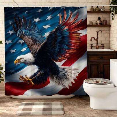 Colorful Wing Bald Eagle American Flag Shower Curtain, Vibrant Red Blue Feather Eagle With USA Star Stripe Pattern, Waterproof Mildew Resistant Polyester Bath Curtain, Modern Patriotic Bathroom Decor, Bold American Style Restroom Partition, Eagle Print Bath Curtain For Home, High Durability Quick Dry Bathroom Curtain, Fashionable Vibrant Patriotic Aesthetic Restroom Decor, Popular Colorful Eagle Bath Curtain, Eye-Catching American Flag Eagle Restroom Decor