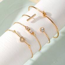 4件套奢华金属水钻心形链手链及手镯套装，时尚简约优雅个性化高端设计珠宝配饰 - 金黃色 - 查看 3