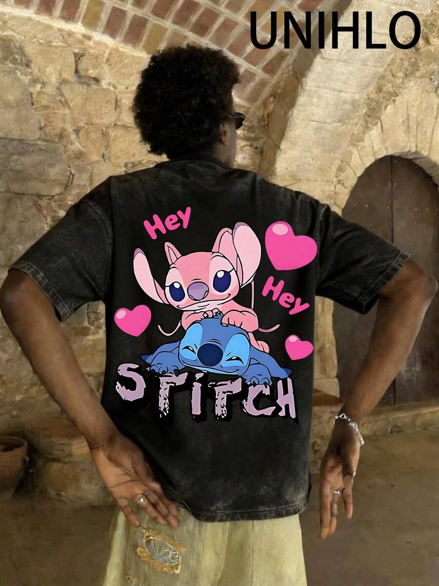 Disney UNIHLO  Stitch  Printed Summer Heavyweight Retro Washed Street Fashion Casual T-Shirt - 黑色 - 查看 1