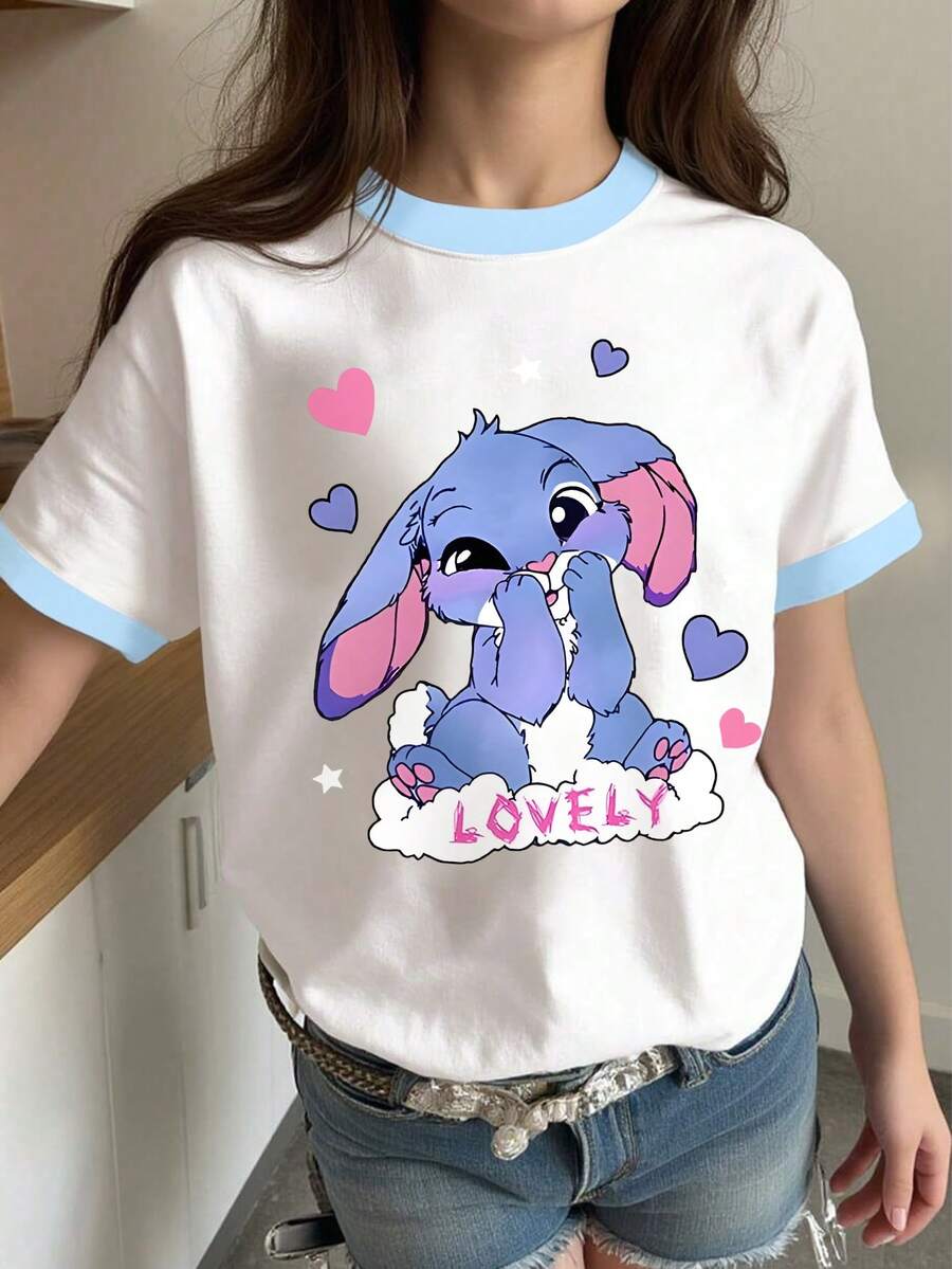 1pc Cartoon Rabbit Print Girls T-Shirt With "Cute" Text And Heart Pattern, Suitable For Spring/Summer School Everyday Wear - Baby Blue - View 1