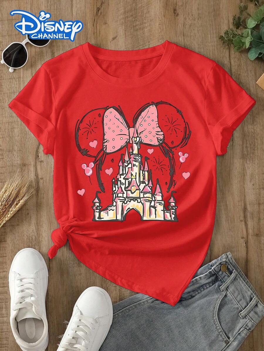 Disney Women's T-Shirt Featuring A Disney Castle Cartoon Print, This Soft, Comfortable, And Durable Fabric Makes It Perfect For Spring And Summer. The Women's Crew Neck T-Shirt Is Ideal For Everyday Wear, Shopping, Parties, Travel, And Gatherings. It Also Makes An Exquisite Gift. - 紅色 - 查看 1