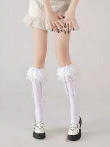 1双洛丽塔多层蕾丝法式过膝袜，浅黄/白/黑蝴蝶结堆堆袜，芭蕾舞风格日式JK小腿袜 - 彩色 - 查看 5