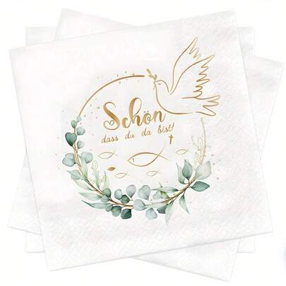 20 Stücke/40 Stücke/60 Stücke goldene Taube, grüner Eukalyptuskranz "Schön, dass du da bist" 2-lagige Papierservietten, geeignet für Taufe, Kommunion, Konfirmation Dekoration