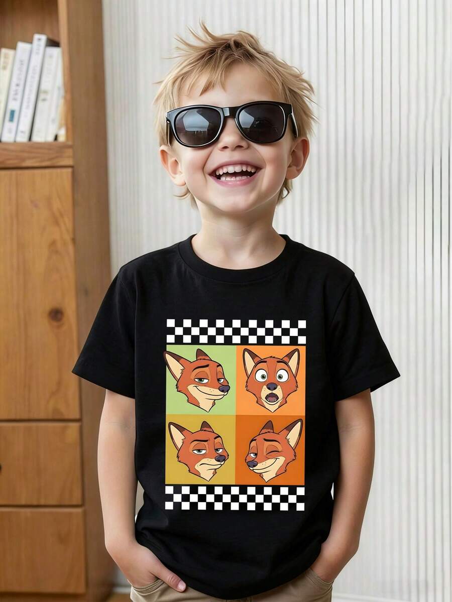 This Disney Zootopia Nick-Themed Summer T-Shirt Is Perfect For Boys And Girls To Wear To Holiday Parties, Family Gatherings, Outdoor Activities, Travel, And As A Gift For Children Visiting Disneyland. - 黑色 - 查看 1