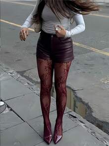 1双加大码女士渔网袜，复古优雅镂空花卉蕾丝提花渔网袜，适合日常穿着、派对、晚宴等场合。 - 酒紅色 - 查看 1