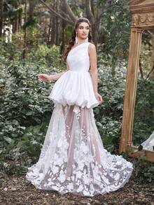 Faeriesty Vestido de noche elegante de línea A con un hombro, con decoración floral en cascada y dobladillo de gasa esponjoso, adecuado para ceremonia de boda, gala de etiqueta negra, alfombra roja, banquete formal y fiesta nupcial, color blanco primaveral - Blanco - Ver 5