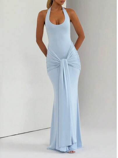 1pc Fashionable Sexy Solid Color Women's Spaghetti Strap Dress, Suitable For Summer - Backless Mesh Splice Flowing Formal Evening Gown Party Elegant