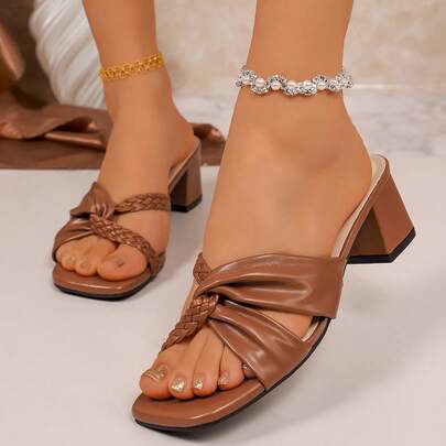 复古方头编织拖鞋，女士夏季户外套脚拖鞋，粗跟舒适