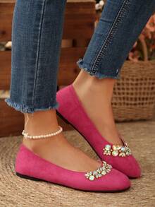 Women's Spring Rhinestone Casual Flat Loafers, Comfortable Breathable Slip-On Boat Shoes For Office Wear - Hot Pink - View 5
