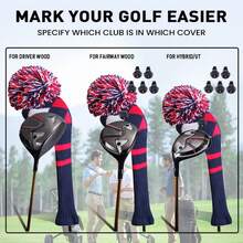 FINGER TEN Pom Golf Head Covers 1 Pack For Driver Fairway Hybrid, Stylish Colors Options Pom Stripes Pattern With Long Neck Design & Interchangeable Number Tag For Easy To Identify - Multicolor - View 3