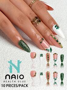 NAIO 10片/套 春夏手工按压式美甲贴片，短杏仁形甲片，Y2K 酷炫风格，裸色、绿色和白色可选，法式边缘，饰以三叶草图案、闪粉设计和3D珠宝配饰。适合女性和女孩，可用于派对、日常佩戴。附赠工具包，是送给女士美甲爱好者的绝佳礼物。 - 彩色 - 查看 11