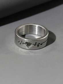 1pc Romantic Thick Hollow Heart Electrocardiogram Design Men's Ring, Suitable For Daily Wear And Parties - Silver - View 2