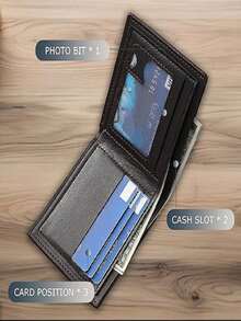 1PC Black Slim RFID-Blocking Men's Wallet, Ultra-Thin Lightweight Premium Vegan Leather Bifold Wallet With Multiple Card Slots, Clear ID Window & Cash Compartment For Business Travel, Daily Commute, Office, Weekend Trip, Date Night, Shopping, Minimalist Everyday Carry, Gift For Men, Dad, Husband, Boyfriend, Teen Boys, Professionals, Commuters - 黑色 - 查看 4