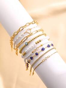 17KM Set de 9 piezas de pulsera vintage con cristal de ojo de demonio y perla falsa, joyería de moda simple como regalo para mujeres, adecuado para vacaciones, citas, uso diario casual, fiestas de verano - Amarillo Oro - Ver 6