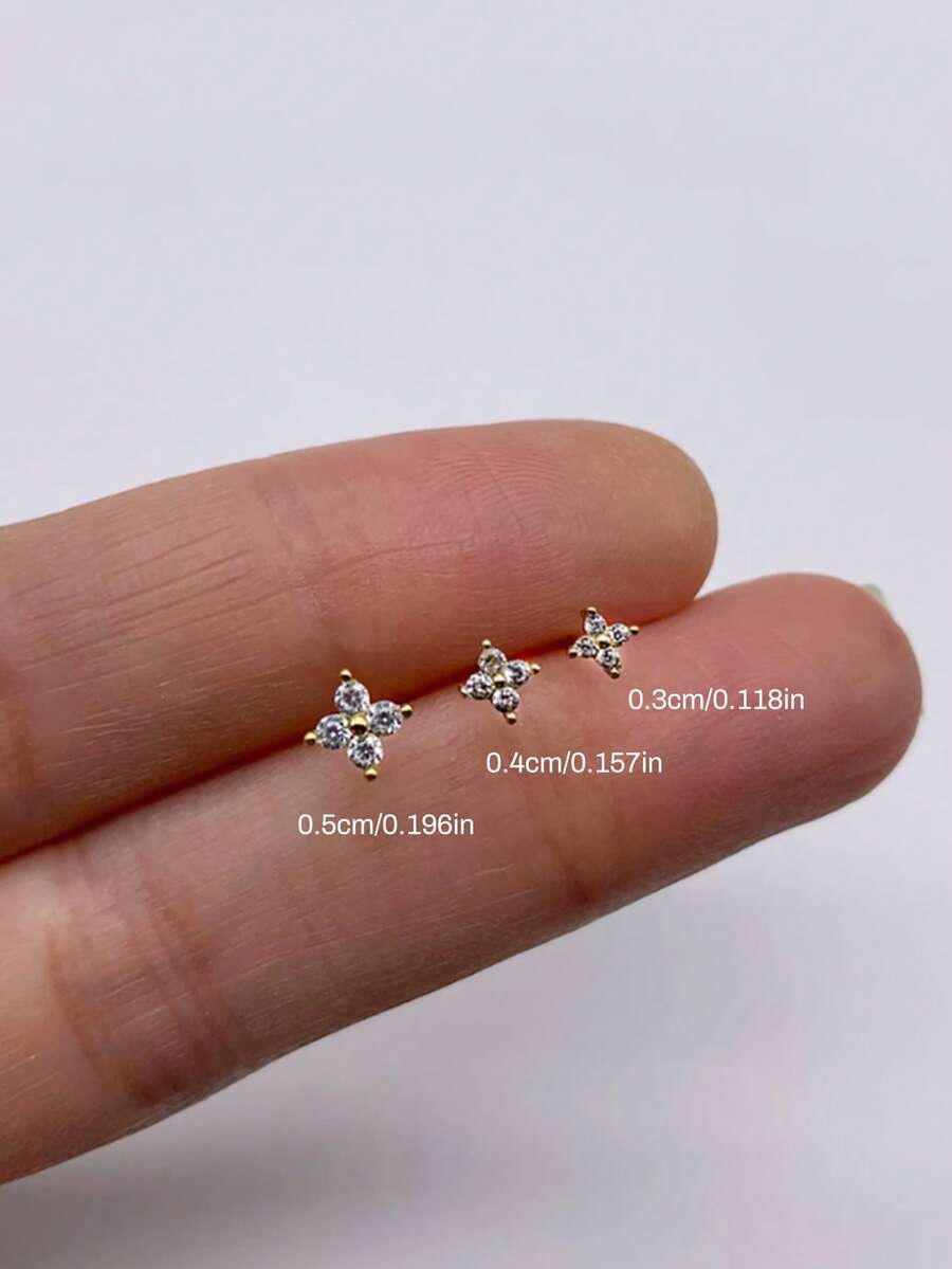 3只装925纯银精致四叶草立方氧化锆耳钉,低过敏性纯银材质,适合女性日常佩戴、约会、度假、婚礼、派对、节日礼物 - 金色 - 查看 1