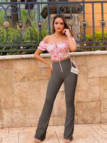 OQQ Women's 1 Piece Yoga Pants Ribbed Seamless Workout High Waist Bell Bottoms Flare Leggings - Màu nâu - Xem 4