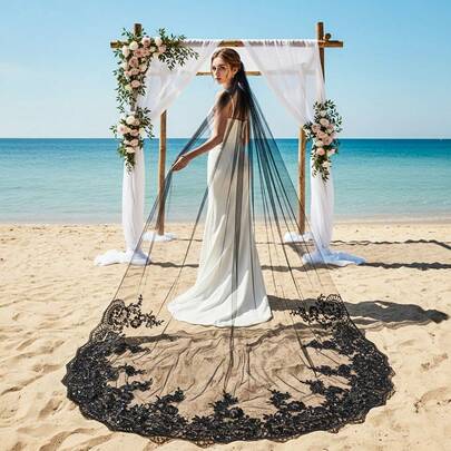 1 pieza Velo de novia de tul fino de una sola capa de 3 metros de largo con adorno de encaje, se ve mejor bajo la iluminación, accesorio de vestido de novia con cola catedral