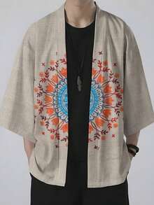 Vintage Bohemian Style! Grey Orange-Blue Mandala Print Woven Cardigan, Elegant And Eye-Catching, Men's Spring And Summer Business Casual And Holiday Gift Choice, Grey Orange-Blue Mandala Pattern Men's Printed Cardigan - Nhiều màu - Xem 2