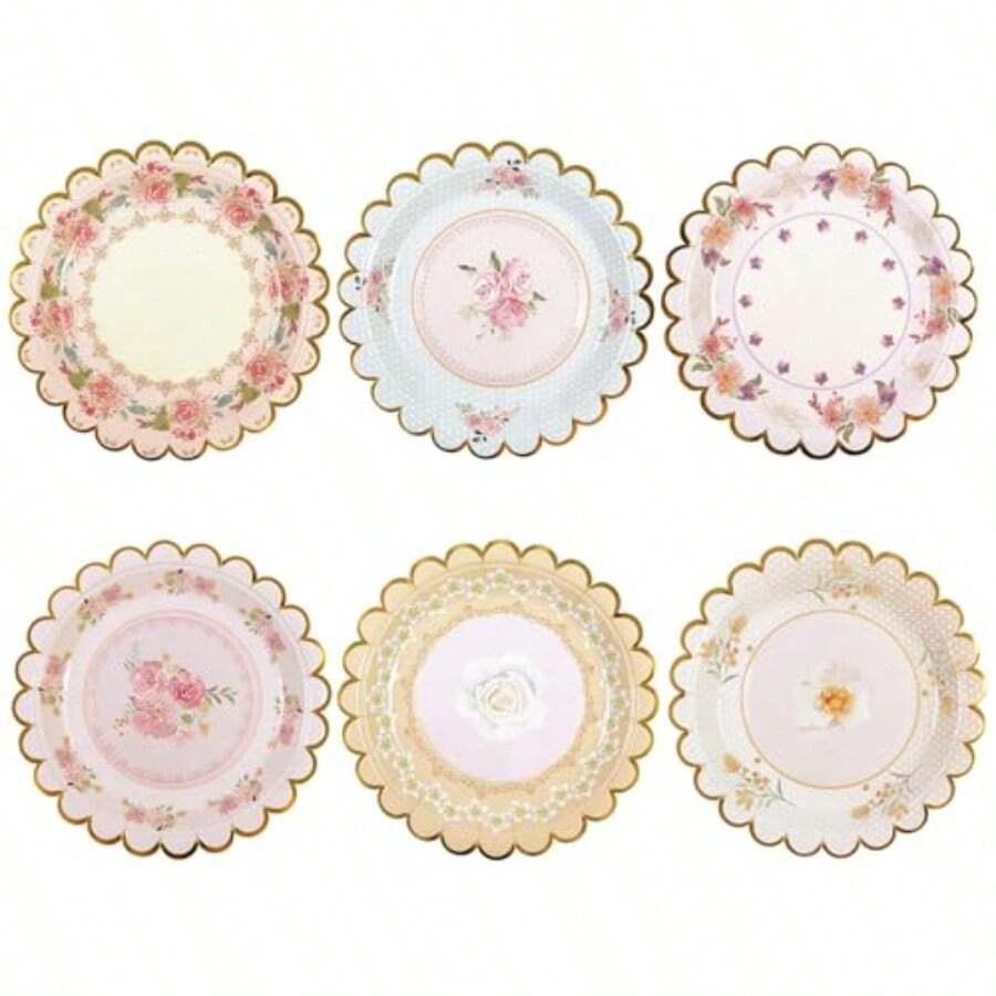 48 PCS Vintage Floral Paper Plates 7 Inch Scalloped Flower Tea Party Plates Disposable Cake Dessert Plate For Birthday Bridal Shower Baby Shower Wedding Party Decorations Floral - 粉色 - 查看 1