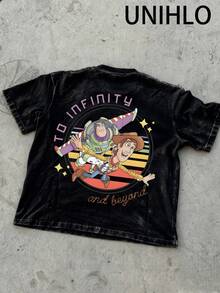 Disney UNIHLO  Super Athlete  Printed Summer Heavyweight Retro Washed Street Fashion Casual T-Shirt - 黑色 - 查看 4