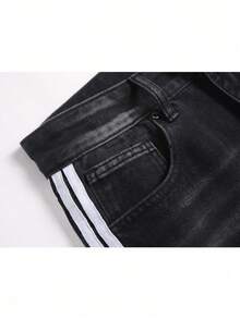 2026 American High - Street Youth Men's Harajuku Style Three - Stripe Black - Blue Straight - Leg Jeans For Fashionable Streetwear And Stylish OOTD, Purple Jeans Option Available For Men's Fashionable Trousers - 黑色 - 查看 10