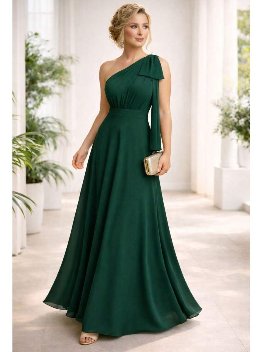 Bridesmaid Dress, Prom, Nude Rose, Terracotta, Serenity, Olive, Black Or Fuchsia, One-Shoulder Bow, Matte - màu xanh ngọc lục bảo - Xem 1