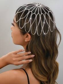 Bohemian Fashion Multi-Layer Crystal Rhinestone Mesh Headchain, Glamorous Banquet, Ball, Party Jewelry Accessory For Women, Headpiece - Silver - View 1