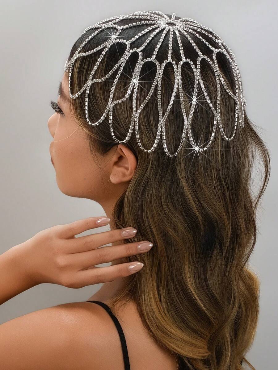 Bohemian Fashion Multi-Layer Crystal Rhinestone Mesh Headchain, Glamorous Banquet, Ball, Party Jewelry Accessory For Women, Headpiece - Silver - View 1