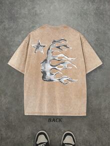 Men's Oversized Washed Graphic T-Shirt Hell Flame Star Silver Print Vintage Streetwear Tee - 咖啡 - 查看 2
