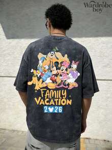Disney Printed Wash Water T-Shirt,2026 Family Vacation T-Shirt, Mickey And Friends Double-Sided Design, A Party Gift Full Of Magical Holiday Memories,Unisex,High-Quality Pure Cotton T-Shirt,Suitable For All Seasons, Comfortable And Breathable| Exquisite Design | The Best Choice For Giving Gifts - 黑色 - 查看 2