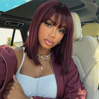 Peluca corta de bob color borgoña para mujeres, peluca sintética recta con flequillo, fibra de cabello sintético resistente al calor de alta calidad para uso en fiestas de Pascua, 14 pulgadas