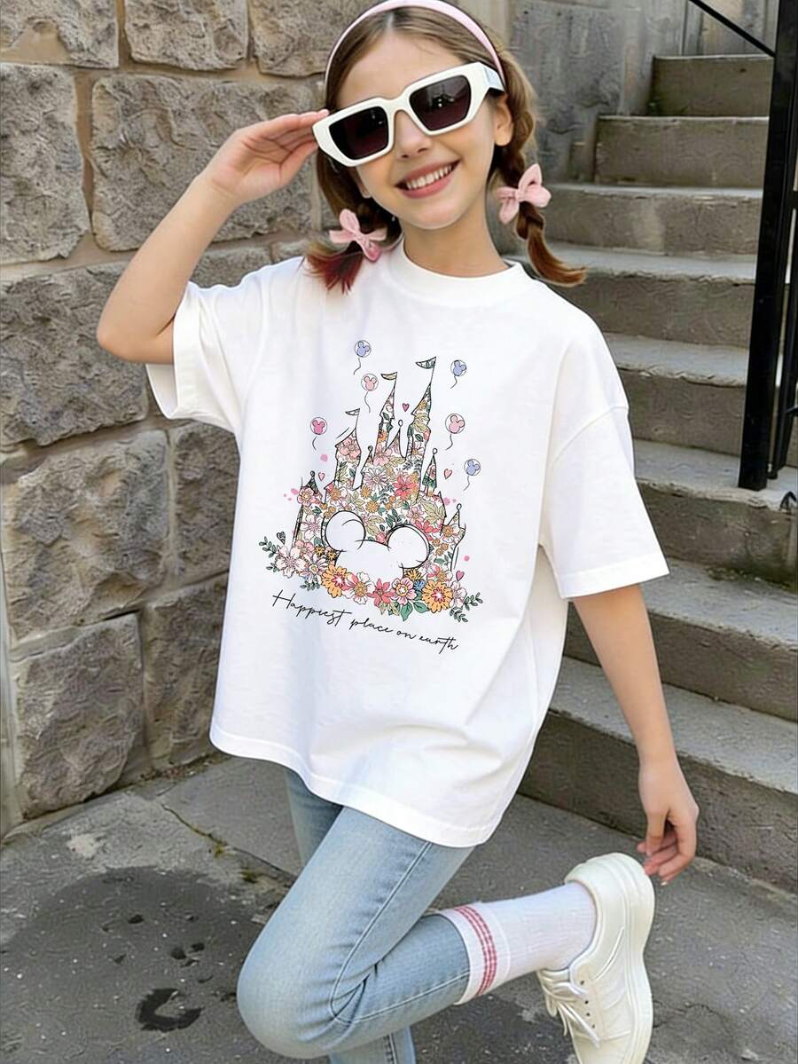 Summer Tops,Flower Disneyland   Land Graphic Tee, Perfect For Cute Girls. Teen Girl Gift,Comfortable And Breathable Children's Short-Sleeved T-Shirt. 180g Pure Cotton Children's Clothes,Suitable For Both Boys And Girls.Suitable For Daily Wear, Vacations, Outdoor Activities, And As A Children's Gift.