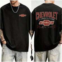 2026 New Arrival Chevrolet "An American Classic" Retro Logo Graphic T-Shirt, Men's Vintage Car Brand Print, Oversized Short Sleeve Crew Neck Tee For Auto Enthusiasts, Streetwear & Casual Wear - 黑色 - 查看 5