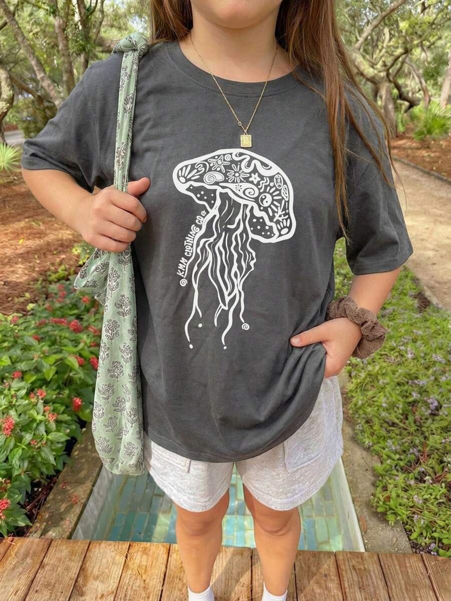 1pc Girls Casual Jellyfish Print Round Neck Short Sleeve T-Shirt, Summer Student Young Children Clothing