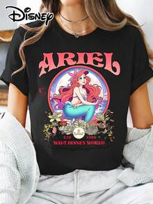 Disney Official Authorization | Women's Street Casual Short-Sleeve T-Shirt. Features Retro Floral Print With The , Stylish "" Artistic Lettering, And "WALT  WORLD Est.1989" Vintage Logo. Made Of Opaque Fabric, Machine Washable, Versatile And Casual, Suitable For Spring And Summer Wear. - màu đen - Xem 1