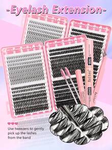 Asiteo 640pcs D-Curl 20D/40D/60D/80D Fluffy 9-16mm Mixed False Eyelashes Set, Includes Eyelash Glue, Makeup Remover, Tweezers And Eyelash Brush, Soft Cluster Lashes, Create Natural Butterfly Effect Voluminous Y2K Makeup, Easy DIY At Home, With Lash Cluster Set & False Eyelashes - Multicolor - View 5