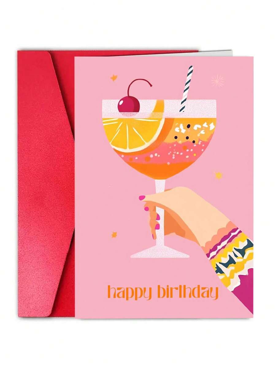 1pc,Birthday Card Woman With Envelope - Cocktail Motif - Colourful Happy Birthday Card For Girlfriends, Colleagues Or Sisters - Funny And Modern - View 1