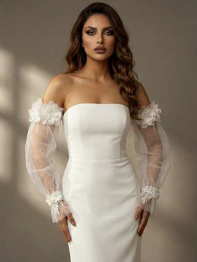 1 para rękawków ślubnych z motywem kwiatowym 3D, białe, miękkie, przezroczyste rękawiczki bez palców, odpowiednie na śluby, fotografię ślubną, imprezy i oficjalne okazje, elastyczne mankiety