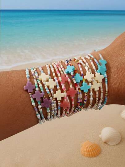 Set de 3 piezas de pulseras bohemias de verano con cuentas de colores, pulsera con colgante de cruz de macaron, pulseras elásticas apilables, adecuadas para la playa, uso diario, regalo para familia, amigos, ella, verano, vacaciones, cumpleaños