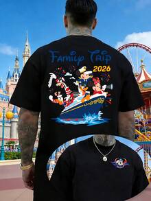 2026 Disney Cruise Family Trip Commemorative T-Shirt, Mickey Mouse Fireworks Boat Design, Unisex Loose-Fitting T-Shirt, Made Of Comfortable, Soft, And Breathable Pure Cotton, Suitable For Family Gatherings And Beach Vacations. - Black - View 1