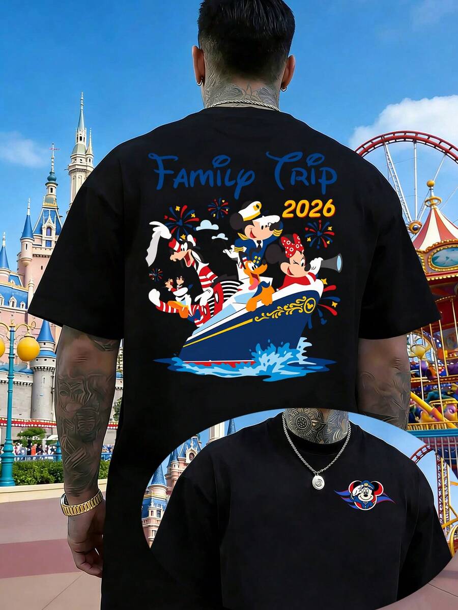 2026 Disney Cruise Family Trip Commemorative T-Shirt, Mickey Mouse Fireworks Boat Design, Unisex Loose-Fitting T-Shirt, Made Of Comfortable, Soft, And Breathable Pure Cotton, Suitable For Family Gatherings And Beach Vacations. - Black - View 1